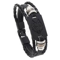 PU Leather Cord Bracelets, with Copper Coated Plastic & Zinc Alloy, Wolf, handmade, punk style & for man, black cm 