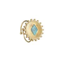 Gemstone Stainless Steel Finger Ring, 304 Stainless Steel, with turquoise, 14K gold plated, adjustable & for woman [