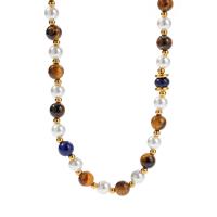 Gemstone Necklaces, 304 Stainless Steel, with Lapis Lazuli & Tiger Eye & Glass Pearl, 18K gold plated, fashion jewelry & for woman Approx 14.17 Inch 