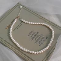 Freshwater Pearl Brass Necklace, with Brass, fashion jewelry & for woman, white, 7mm 