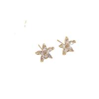 Brass Earring Stud Component, Flower, plated, DIY & micro pave cubic zirconia, golden [