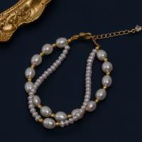Cultured Freshwater Pearl Brass Bracelet, with Brass, with 5cm extender chain, Double Layer & fashion jewelry & for woman, white, 3-4mm,6-7mm Approx 16 cm 
