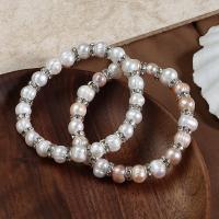 Cultured Freshwater Pearl Bracelets, with rhinestone brass spacer & Elastic Thread, fashion jewelry & for woman 7-8mm Approx 18 cm 