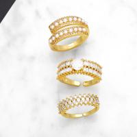 Cubic Zirconia Micro Pave Brass Finger Ring, with Plastic Pearl, plated, fashion jewelry & micro pave cubic zirconia, golden 