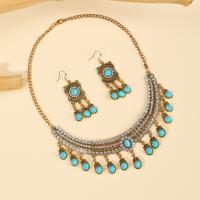 Turquoise Zinc Alloy Jewelry Sets, earring & necklace, with turquoise, 2 pieces & fashion jewelry & for woman & with rhinestone, golden Approx 40 cm 