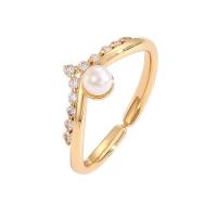 Cubic Zirconia Micro Pave Brass Finger Ring, with Plastic Pearl, fashion jewelry & micro pave cubic zirconia & for woman, golden 