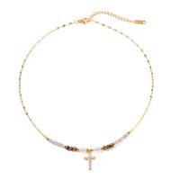 Gemstone Freshwater Pearl Necklace, 304 Stainless Steel, with Gemstone & Freshwater Pearl, with 5cm extender chain, Cross, plated, fashion jewelry & micro pave cubic zirconia, gold .5 cm 