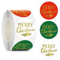 Fuentes de Navidad, Adhesivo+Sticker, Esférico, Diseño de Navidad & con el patrón de la letra & incrustacion de oro, 38mm, 500PCs/Carrete, Vendido por Carrete[