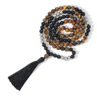Fashion Fringe Necklace, Tiger Eye, with Knot Cord & Black Agate & Zinc Alloy, Tassel, silver color plated, vintage & fashion jewelry & Unisex, mixed colors, 8mm,80mm Approx 82 cm 