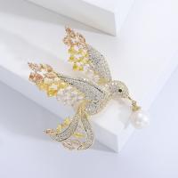 Cubic Zirconia Brooch, Brass, with Cubic Zirconia & Plastic Pearl, Bird, gold color plated, fashion jewelry & for woman, mixed colors 