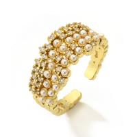 Cubic Zirconia Micro Pave Brass Finger Ring, with Plastic Pearl, real gold plated & micro pave cubic zirconia & for woman, golden 