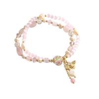 Cultured Freshwater Pearl Brass Bracelet, with Freshwater Pearl & Rose Quartz, handmade, Double Layer & fashion jewelry & micro pave cubic zirconia & for woman, multi-colored Approx 17-20 cm [