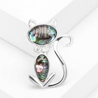 Shell Brooch, Zinc Alloy, with Abalone Shell, Cat, silver color plated, fashion jewelry & Unisex & with rhinestone, multi-colored 
