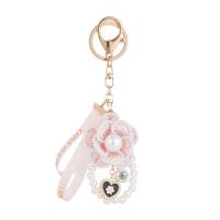 Fabric Key Chain, Zinc Alloy, with Cloth & Plastic Pearl, Flower, gold color plated, for woman & enamel 