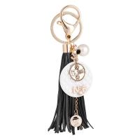 PU Leather Key Chain, Zinc Alloy, with PU Leather & Plastic Pearl, gold color plated, for woman, black 