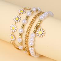 Fashion Zinc Alloy Bracelets, with Plastic Pearl, Daisy, plated, 4 pieces & fashion jewelry & for woman 