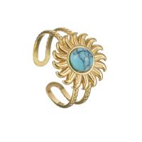 Gemstone Stainless Steel Finger Ring, 304 Stainless Steel, with turquoise, Flower, gold color plated, adjustable & for woman & hollow, US Ring 