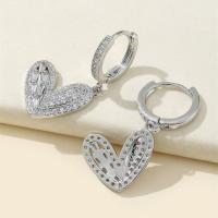Cubic Zirconia Micro Pave Brass Earring, Heart, plated, micro pave cubic zirconia & for woman, silver color 