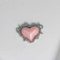 Zinc Alloy Heart Pendants, with Plastic Pearl, silver color plated, DIY & double-hole, pink 