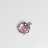 Glass Zinc Alloy Pendants, with Glass, Flat Round, silver color plated, DIY, pink 