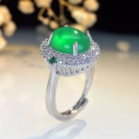 Cubic Zirconia Micro Pave Brass Finger Ring, with Jade Malaysia, Oval, silver color plated, vintage & Adjustable & fashion jewelry & micro pave cubic zirconia & for woman, green Inner Approx 18mm [