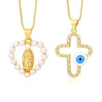 Evil Eye Jewelry Necklace, Brass, with Plastic Pearl, with 5CM extender chain, real gold plated & micro pave cubic zirconia & for woman & enamel, golden Approx 43 cm 