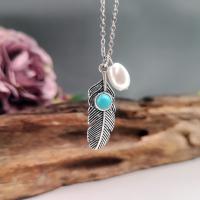 Turquoise Zinc Alloy Necklace, with Synthetic Turquoise & Plastic Pearl, with 5cm extender chain, Feather, antique silver color plated, vintage & fashion jewelry & for woman, mixed colors Approx 45 cm [