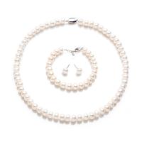 Brass Freshwater Pearl Jewelry Sets, Stud Earring & bracelet & necklace, with Brass, three pieces & fashion jewelry & for woman, white, 8-9mm Approx 40 cm, Approx 18 cm 