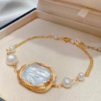 Cultured Freshwater Pearl Brass Bracelet, with Brass, with 5cm extender chain, fashion jewelry & for woman, golden Approx 18 cm [