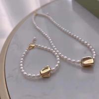 Brass Freshwater Pearl Jewelry Sets, bracelet & necklace, with Brass, with 5cm extender chain, 2 pieces & fashion jewelry & for woman, white Approx 40 cm, Approx 18 cm 