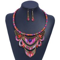 Resin Jewelry Sets, earring & necklace, with Cloth & Zinc Alloy, with 2inch extender chain, gold color plated, 2 pieces & Bohemian style & for woman & with rhinestone, red Approx 17.7 Inch 