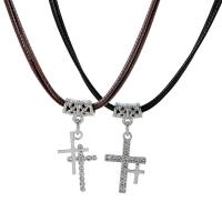 PU Leather Cord Necklace, Zinc Alloy, with leather cord, with 1.97inch extender chain, Cross, 2 pieces & Double Layer & Unisex & with rhinestone Approx 17.32 Inch [
