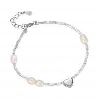 Pearl Sterling Silver Bracelets, 925 Sterling Silver, with Freshwater Pearl, with 3CM extender chain, Heart, plated, fashion jewelry & for woman, silver color Approx 16 cm [