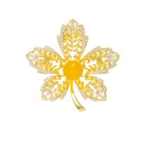 Cubic Zirconia Brooch, Brass, with Yellow Agate, Maple Leaf, fashion jewelry & micro pave cubic zirconia & for woman, golden 