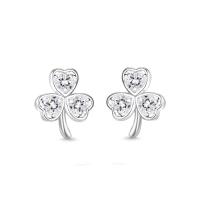 Sterling Silver Stud Earring, 925 Sterling Silver, Three Leaf Clover, fashion jewelry & for woman & with rhinestone, silver color 