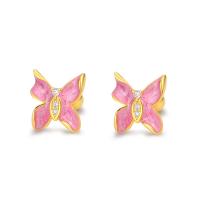 Sterling Silver Stud Earring, 925 Sterling Silver, Butterfly, plated, for woman & enamel & with rhinestone 