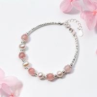 Pearl Sterling Silver Bracelets, 925 Sterling Silver, with Freshwater Pearl & Rose Quartz, with 3cm extender chain, fashion jewelry & for woman, 0.7cm,0.65cm Approx 15 cm [