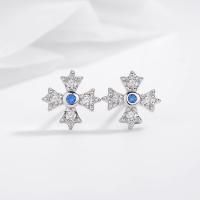 Cubic Zirconia Micro Pave Sterling Silver Earring, 925 Sterling Silver, Cross, plated, micro pave cubic zirconia & for woman, silver color 