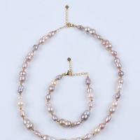 Brass Freshwater Pearl Jewelry Sets, bracelet & necklace, with Brass, with 5cm extender chain, 2 pieces & fashion jewelry & for woman, multi-colored Approx 45 cm, Approx 18 cm [