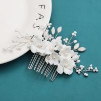 Bridal Decorative Hair Comb, Brass, with Porcelain & Plastic Pearl, handmade, fashion jewelry & for woman & with rhinestone, silver color [