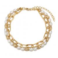 Cultured Freshwater Pearl Brass Bracelet, with Freshwater Pearl, with 5cm extender chain, plated, fashion jewelry, golden cm [