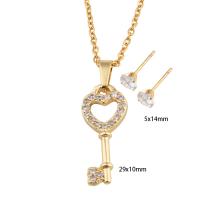Cubic Zirconia Stainless Steel Jewelry Sets, 304 Stainless Steel, Stud Earring & necklace, with Brass, Key, Vacuum Ion Plating, micro pave cubic zirconia & for woman, golden Approx 49.5 cm 