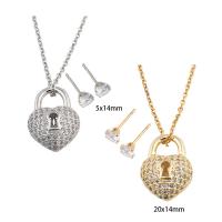 Cubic Zirconia Stainless Steel Jewelry Sets, 304 Stainless Steel, Stud Earring & necklace, with Brass, Lock, Vacuum Ion Plating, micro pave cubic zirconia & for woman Approx 50 cm 