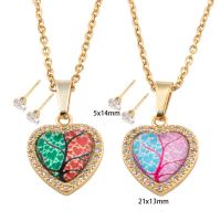 Cubic Zirconia Stainless Steel Jewelry Sets, 304 Stainless Steel, Stud Earring & necklace, with Resin & Brass, Heart, Vacuum Ion Plating, micro pave cubic zirconia & for woman Approx 49.8 cm 