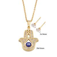 Evil Eye Jewelry Set, 304 Stainless Steel, Stud Earring & necklace, with Brass, Vacuum Ion Plating, micro pave cubic zirconia & for woman & enamel, golden Approx 49.2 cm 