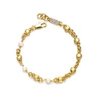 Cultured Freshwater Pearl Brass Bracelet, with Freshwater Pearl, 18K gold plated, fashion jewelry & micro pave cubic zirconia & for woman, golden .7 cm [