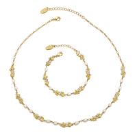 Brass Freshwater Pearl Jewelry Sets, bracelet & necklace, with Freshwater Pearl, 18K gold plated, fashion jewelry & micro pave cubic zirconia & for woman, golden, Pendantuff1a41.9+6.3cm .2+4.3cm 