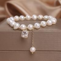 Zinc Alloy Pearl Bracelets, Freshwater Pearl, with Zinc Alloy, Round, gold color plated, fashion jewelry & micro pave cubic zirconia & for woman, white, 16mm Approx 18 cm [