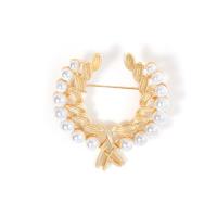 Kunststoff-Perlen-Brosche, Zinklegierung, mit Kunststoff Perlen, plattiert, für Frau, Goldfarbe, verkauft von PC
