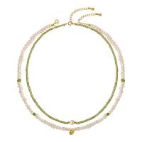 Gemstone Freshwater Pearl Necklace, with Peridot Stone & Brass, real gold plated, 2 pieces & fashion jewelry & for woman 